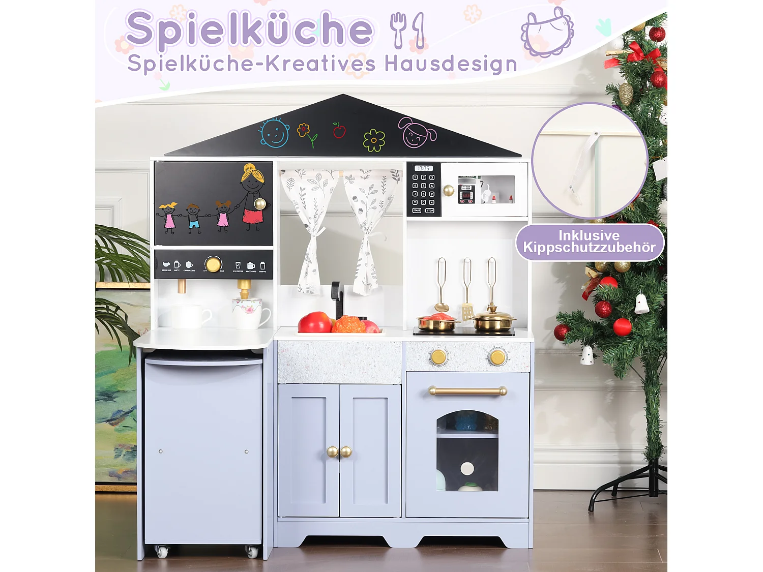 Spielküche für Kinder – 90 x 60 x 105 cm – Haus mit Zubehör und Effekten – Für Kinder ab 3 Jahren – MDF – Lila