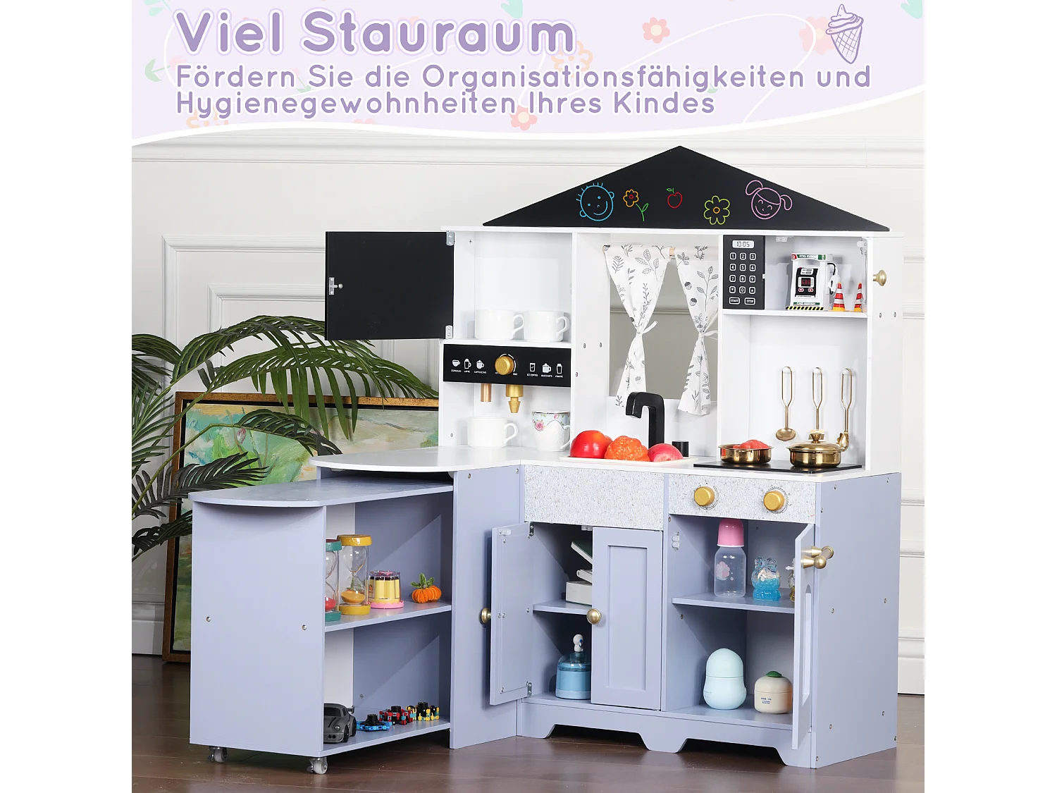 Spielküche für Kinder – 90 x 60 x 105 cm – Haus mit Zubehör und Effekten – Für Kinder ab 3 Jahren – MDF – Lila