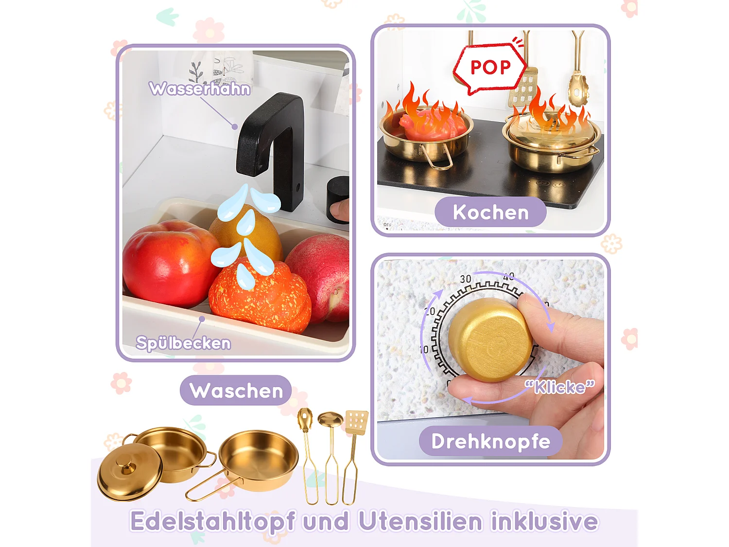 Spielküche für Kinder – 90 x 60 x 105 cm – Haus mit Zubehör und Effekten – Für Kinder ab 3 Jahren – MDF – Lila