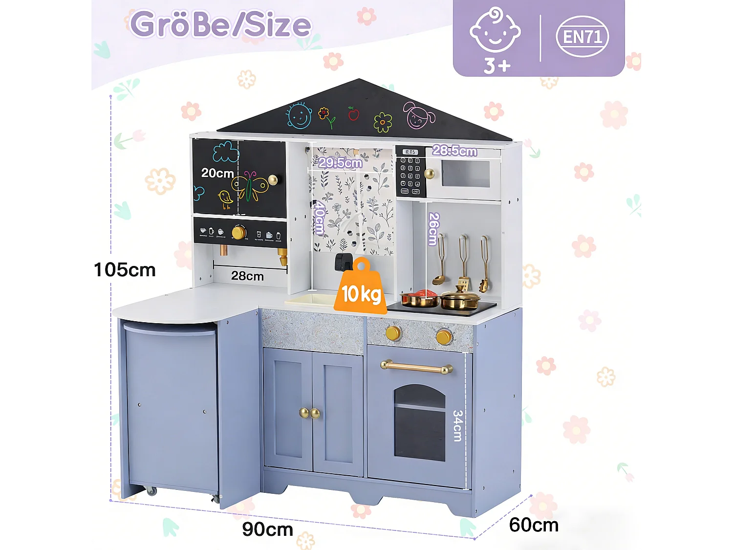 Spielküche für Kinder – 90 x 60 x 105 cm – Haus mit Zubehör und Effekten – Für Kinder ab 3 Jahren – MDF – Lila