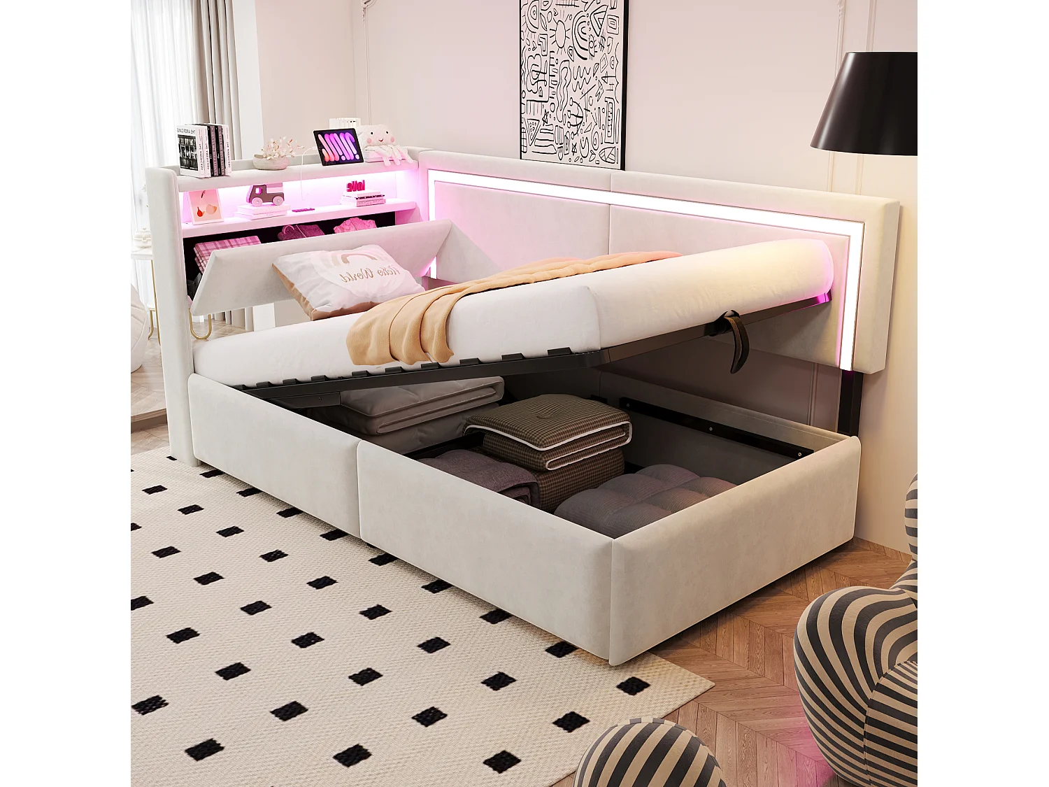 Łóżko dziecięce z pojemnikiem - 90 x 200 cm - z diodami LED + USB + otwierany zagłówek + hydrauliczny schowek - welur - beż