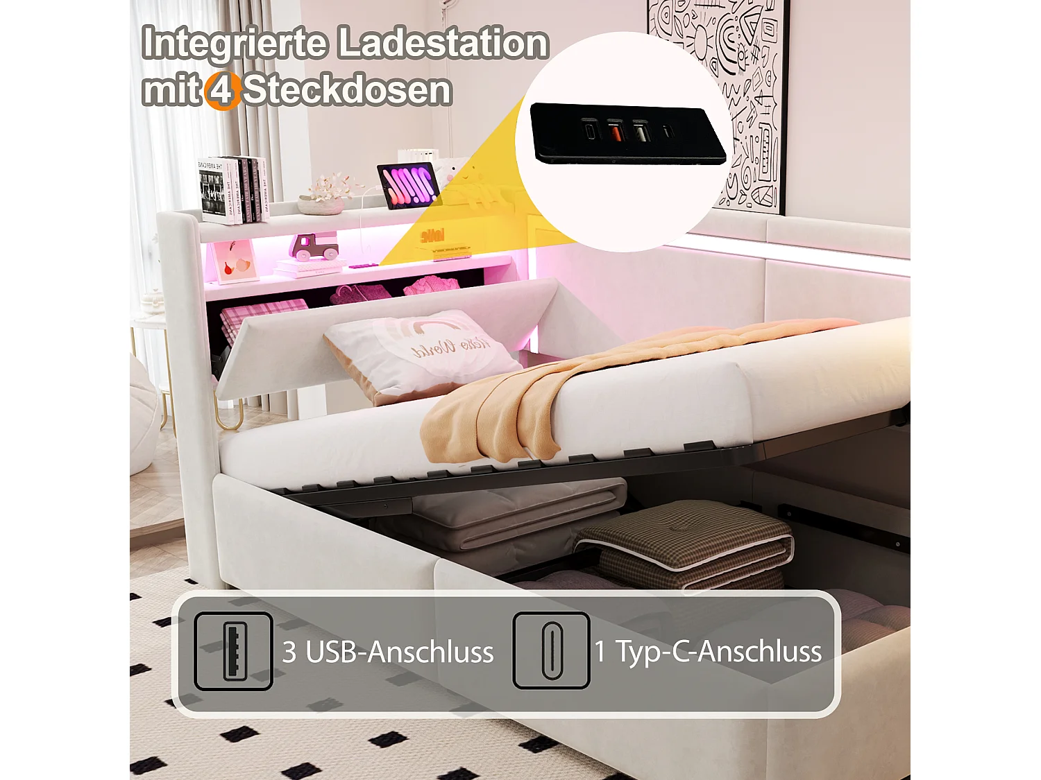 Łóżko dziecięce z pojemnikiem - 90 x 200 cm - z diodami LED + USB + otwierany zagłówek + hydrauliczny schowek - welur - beż