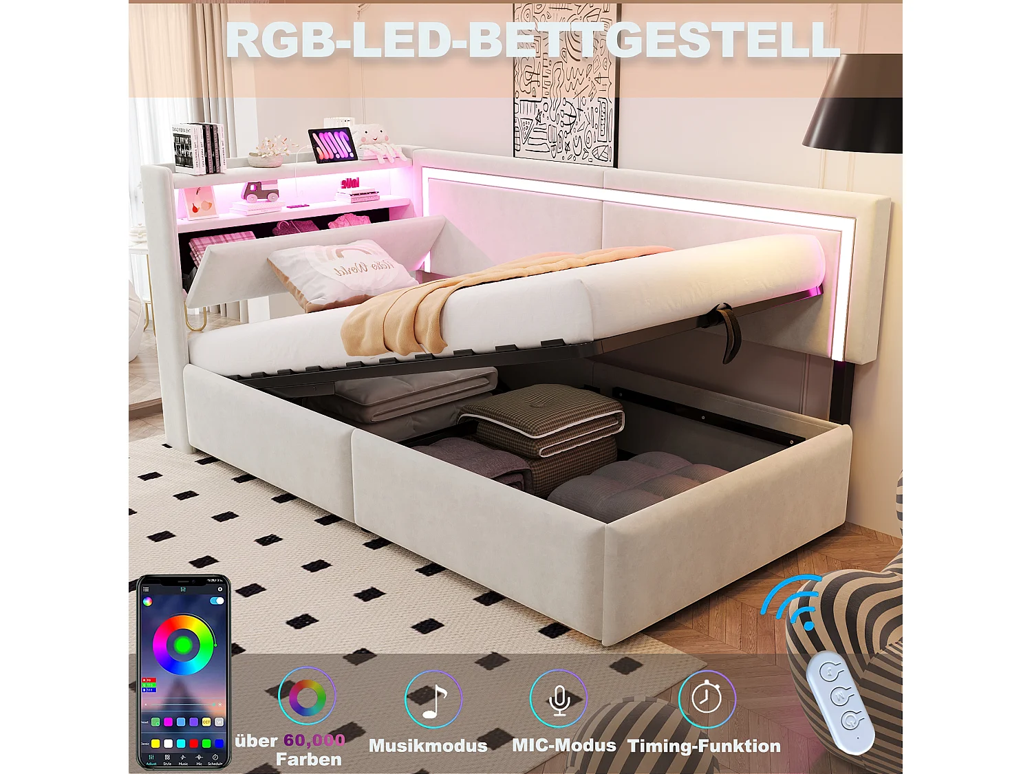 Łóżko dziecięce z pojemnikiem - 90 x 200 cm - z diodami LED + USB + otwierany zagłówek + hydrauliczny schowek - welur - beż