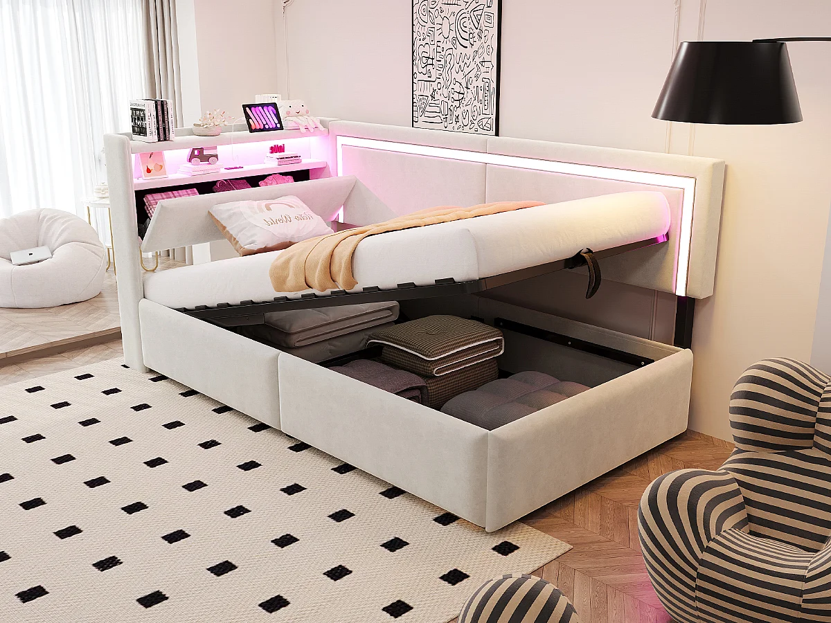 Łóżko dziecięce z pojemnikiem - 90 x 200 cm - z diodami LED + USB + otwierany zagłówek + hydrauliczny schowek - welur - beż