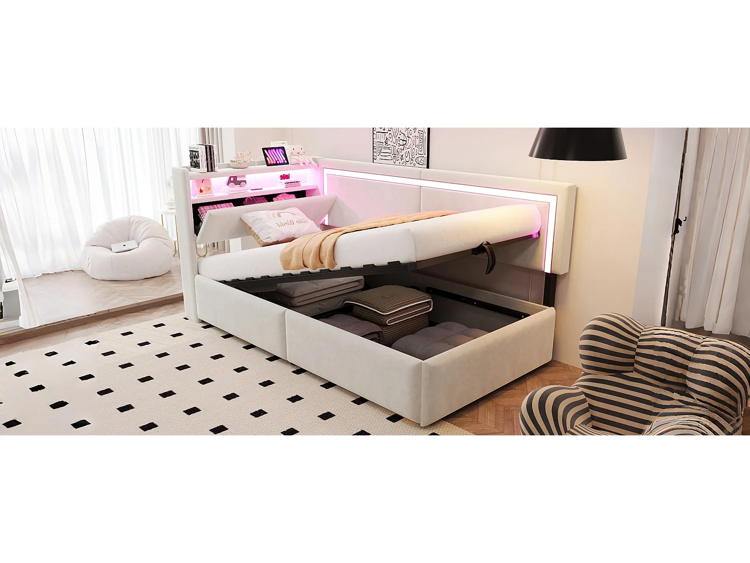 Łóżko dziecięce z pojemnikiem - 90 x 200 cm - z diodami LED + USB + otwierany zagłówek + hydrauliczny schowek - welur - beż