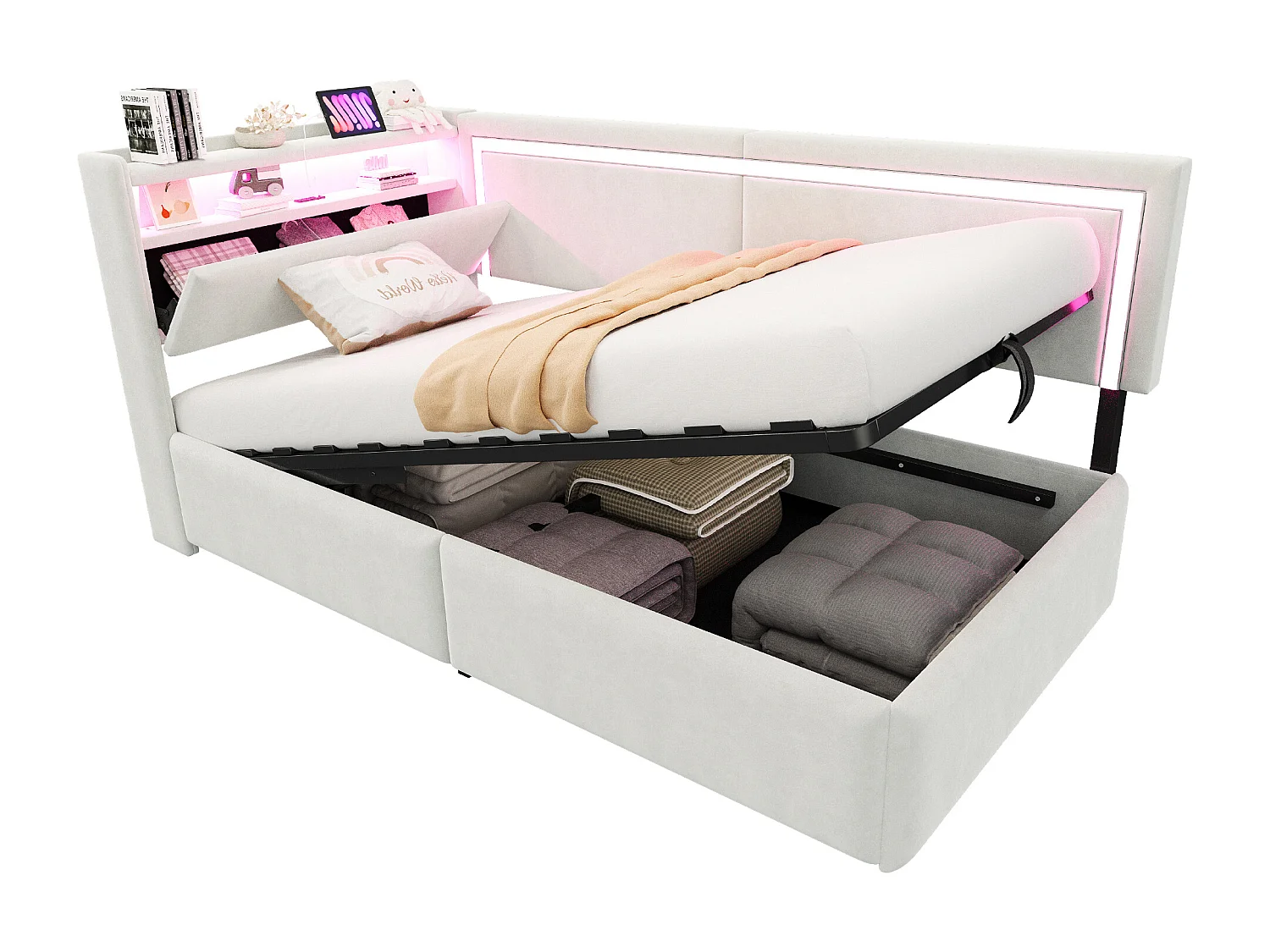 Łóżko dziecięce z pojemnikiem - 90 x 200 cm - z diodami LED + USB + otwierany zagłówek + hydrauliczny schowek - welur - beż