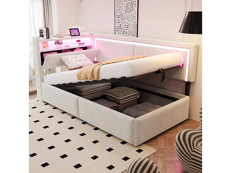 Łóżko dziecięce z pojemnikiem - 90 x 200 cm - z diodami LED + USB + otwierany zagłówek + hydrauliczny schowek - welur - beż
