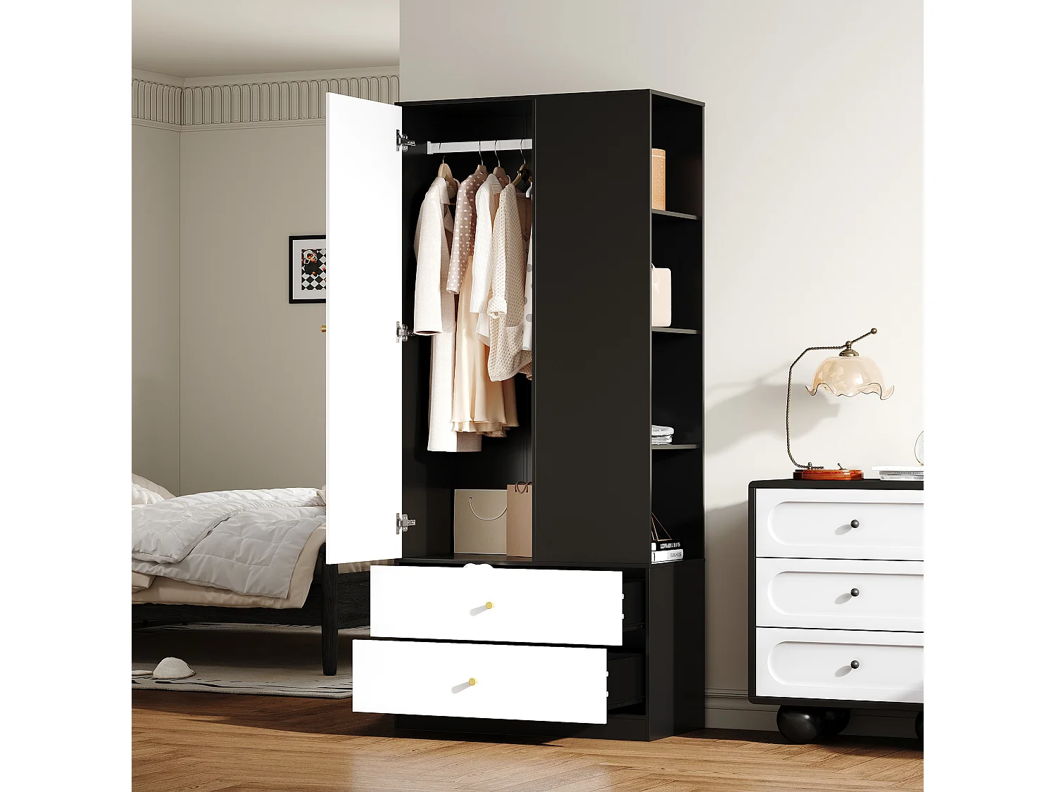 Nowoczesna szafa sypialniana - 80 x 40 x 180 cm - z lustrem, drzwiami, 2 szufladami i 4 półkami - płyta wiórowa - biała i czarna