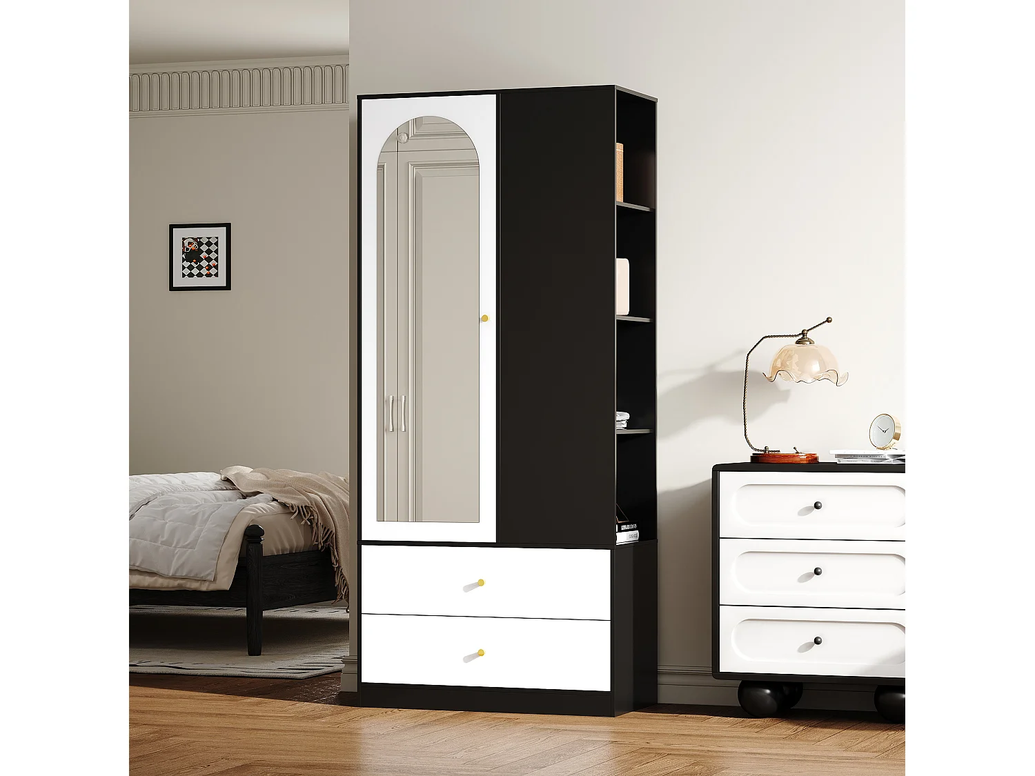 Nowoczesna szafa sypialniana - 80 x 40 x 180 cm - z lustrem, drzwiami, 2 szufladami i 4 półkami - płyta wiórowa - biała i czarna