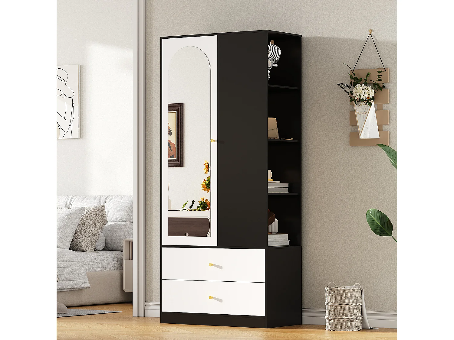 Nowoczesna szafa sypialniana - 80 x 40 x 180 cm - z lustrem, drzwiami, 2 szufladami i 4 półkami - płyta wiórowa - biała i czarna
