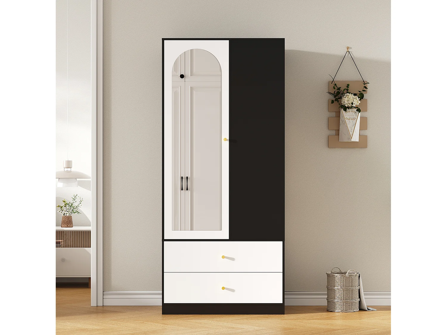 Nowoczesna szafa sypialniana - 80 x 40 x 180 cm - z lustrem, drzwiami, 2 szufladami i 4 półkami - płyta wiórowa - biała i czarna