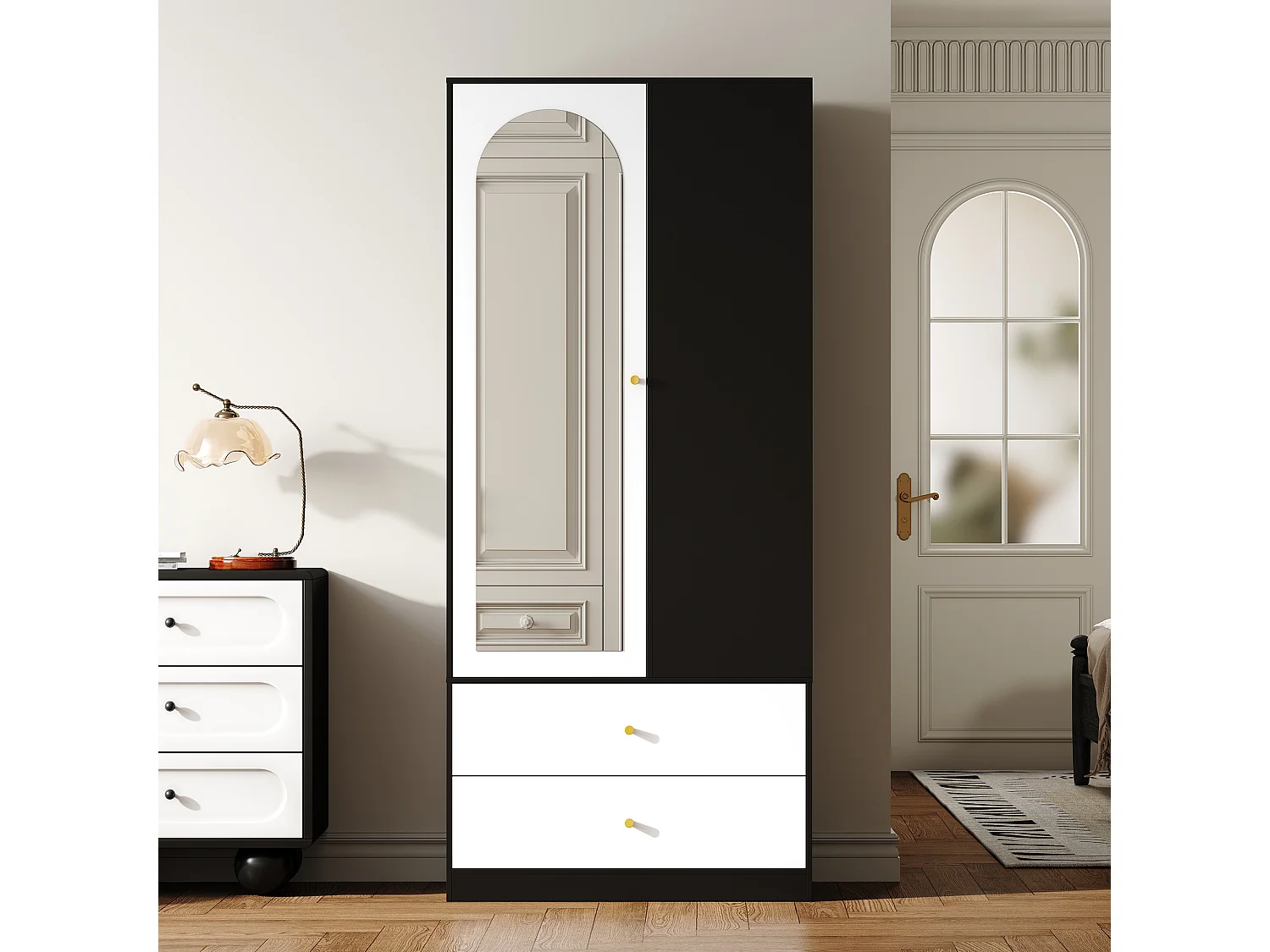 Nowoczesna szafa sypialniana - 80 x 40 x 180 cm - z lustrem, drzwiami, 2 szufladami i 4 półkami - płyta wiórowa - biała i czarna