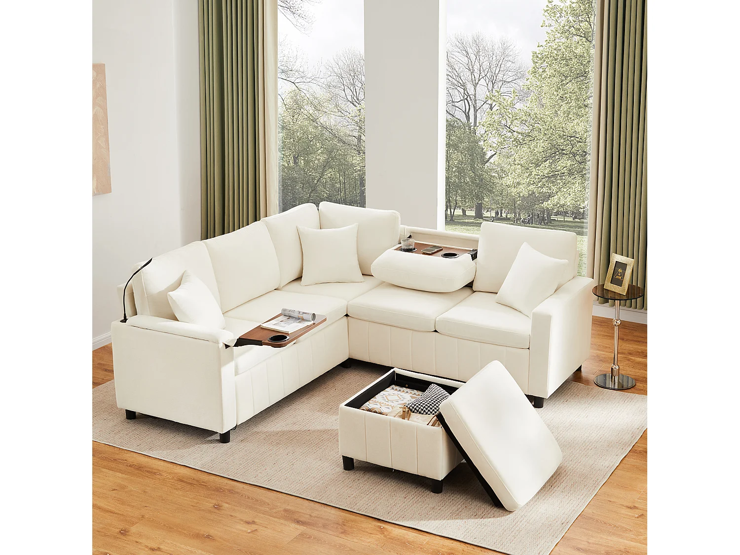 Rozkładana sofa rozkładana - 205 x 205 x 85 cm - z pufem ze schowkiem + lampką do czytania + portem USB-C + ukrytym stolikiem bocznym - nadruk szenilowy - beżowy