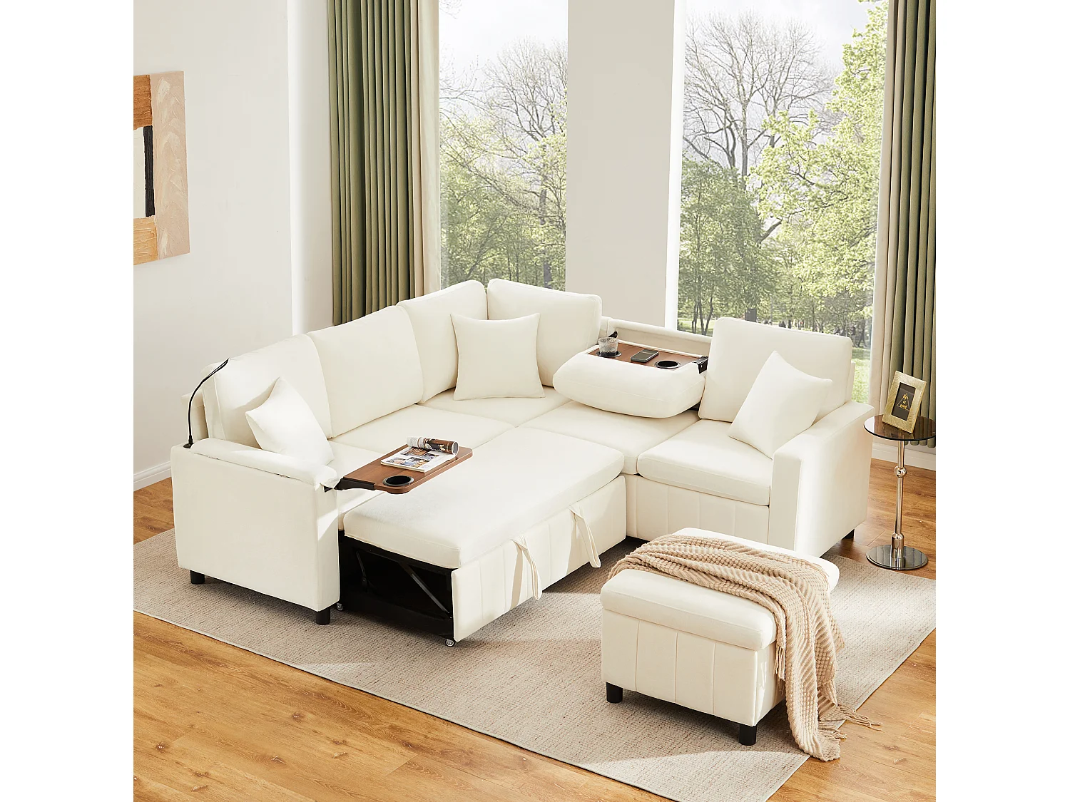 Rozkładana sofa rozkładana - 205 x 205 x 85 cm - z pufem ze schowkiem + lampką do czytania + portem USB-C + ukrytym stolikiem bocznym - nadruk szenilowy - beżowy