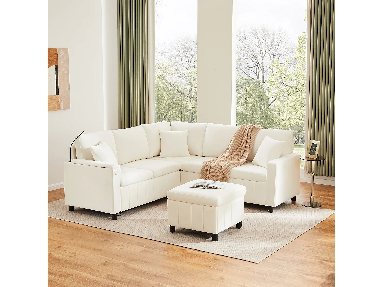 Rozkładana sofa rozkładana - 205 x 205 x 85 cm - z pufem ze schowkiem + lampką do czytania + portem USB-C + ukrytym stolikiem bocznym - nadruk szenilowy - beżowy