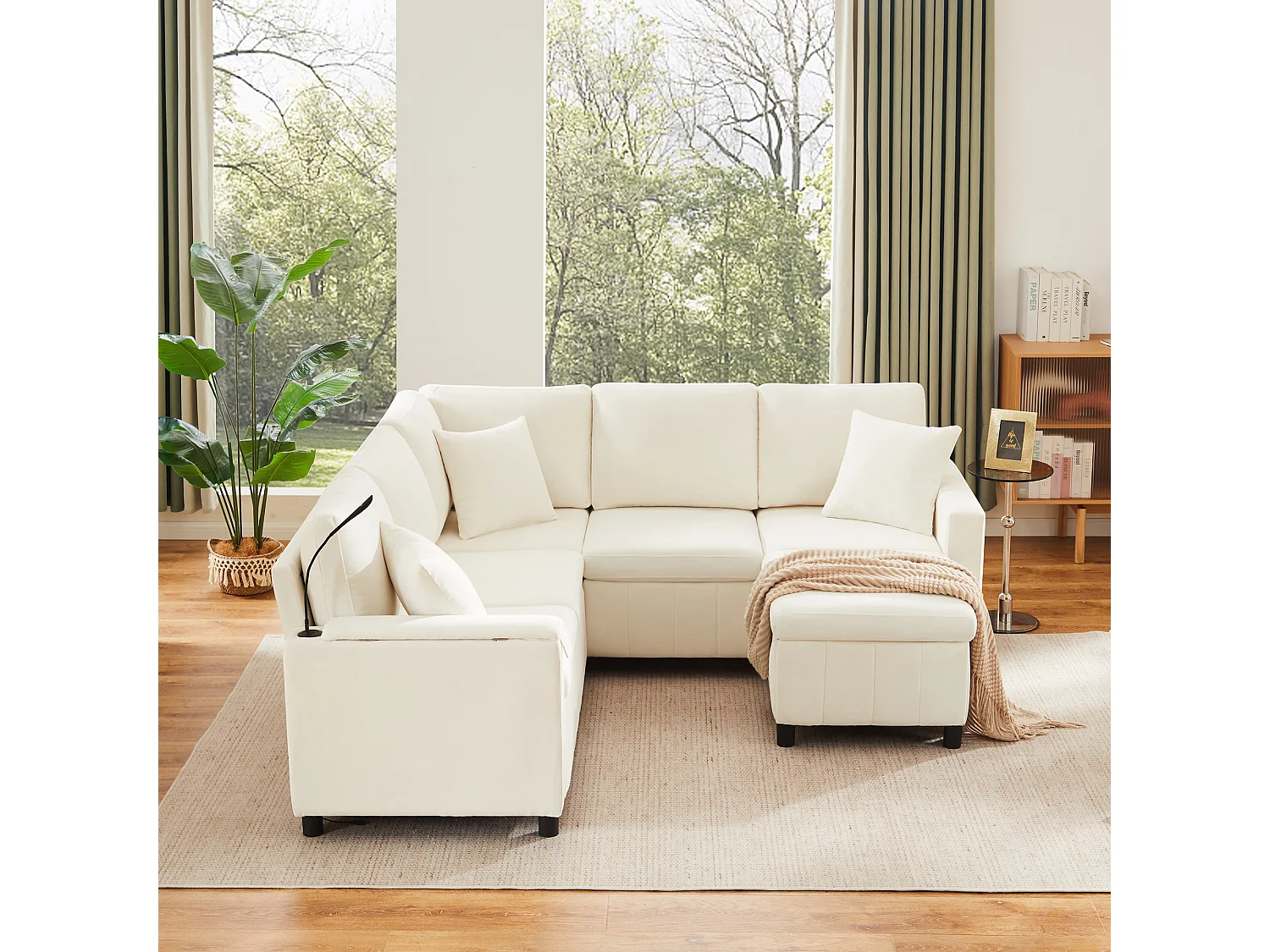 Rozkładana sofa rozkładana - 205 x 205 x 85 cm - z pufem ze schowkiem + lampką do czytania + portem USB-C + ukrytym stolikiem bocznym - nadruk szenilowy - beżowy