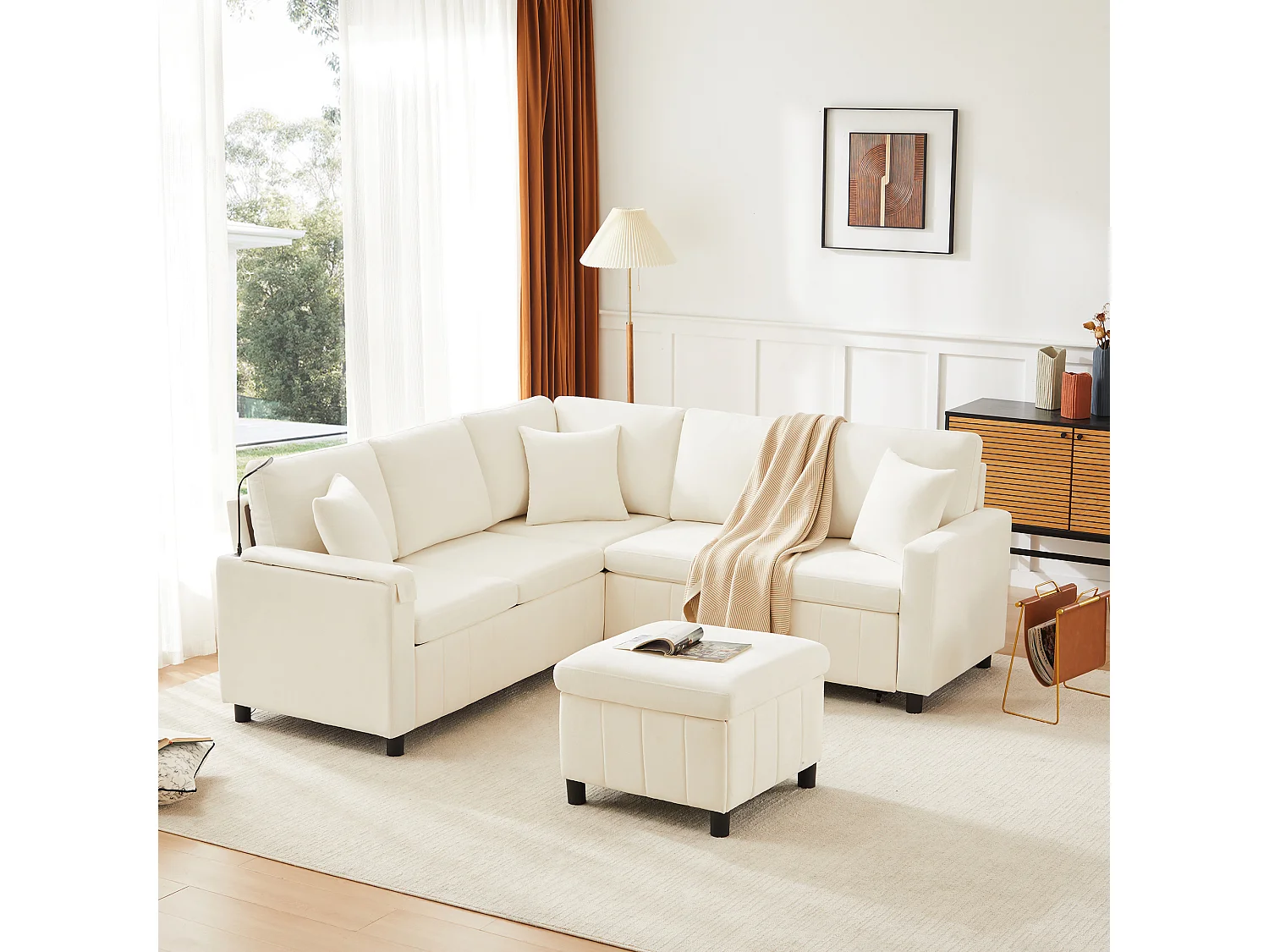 Rozkładana sofa rozkładana - 205 x 205 x 85 cm - z pufem ze schowkiem + lampką do czytania + portem USB-C + ukrytym stolikiem bocznym - nadruk szenilowy - beżowy