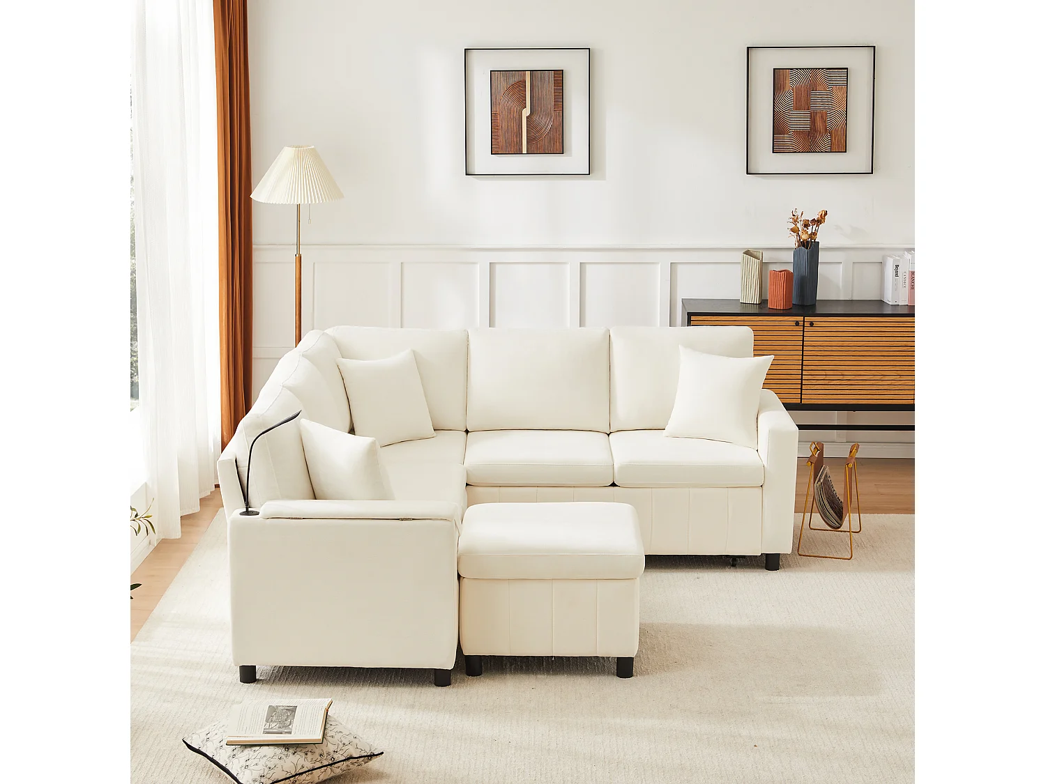 Rozkładana sofa rozkładana - 205 x 205 x 85 cm - z pufem ze schowkiem + lampką do czytania + portem USB-C + ukrytym stolikiem bocznym - nadruk szenilowy - beżowy