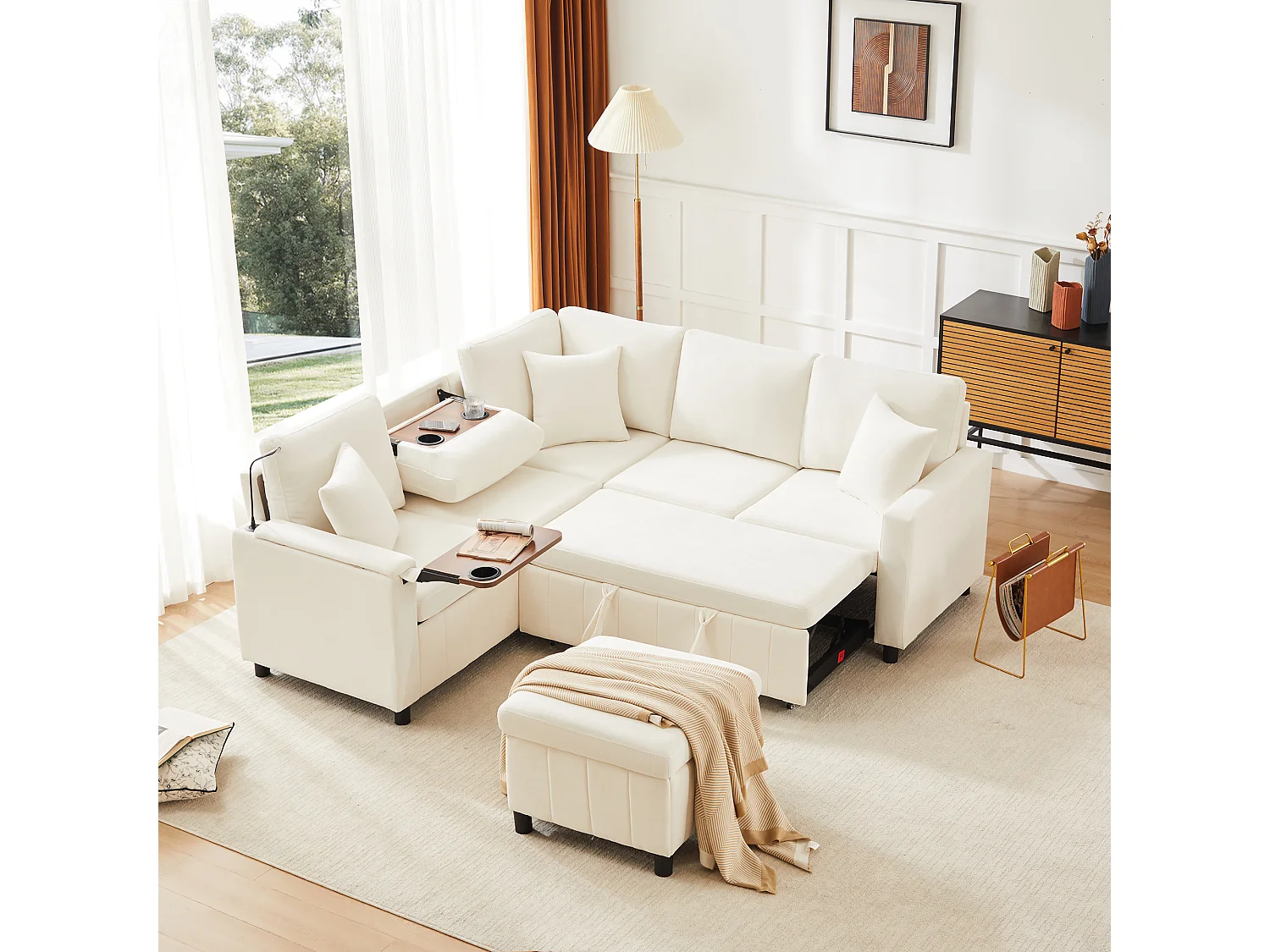 Rozkładana sofa rozkładana - 205 x 205 x 85 cm - z pufem ze schowkiem + lampką do czytania + portem USB-C + ukrytym stolikiem bocznym - nadruk szenilowy - beżowy