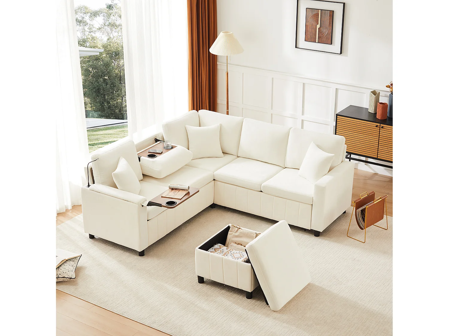 Rozkładana sofa rozkładana - 205 x 205 x 85 cm - z pufem ze schowkiem + lampką do czytania + portem USB-C + ukrytym stolikiem bocznym - nadruk szenilowy - beżowy