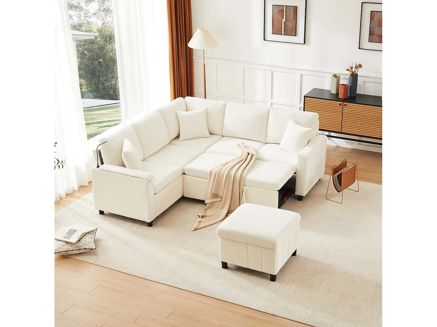 Rozkładana sofa rozkładana - 205 x 205 x 85 cm - z pufem ze schowkiem + lampką do czytania + portem USB-C + ukrytym stolikiem bocznym - nadruk szenilowy - beżowy