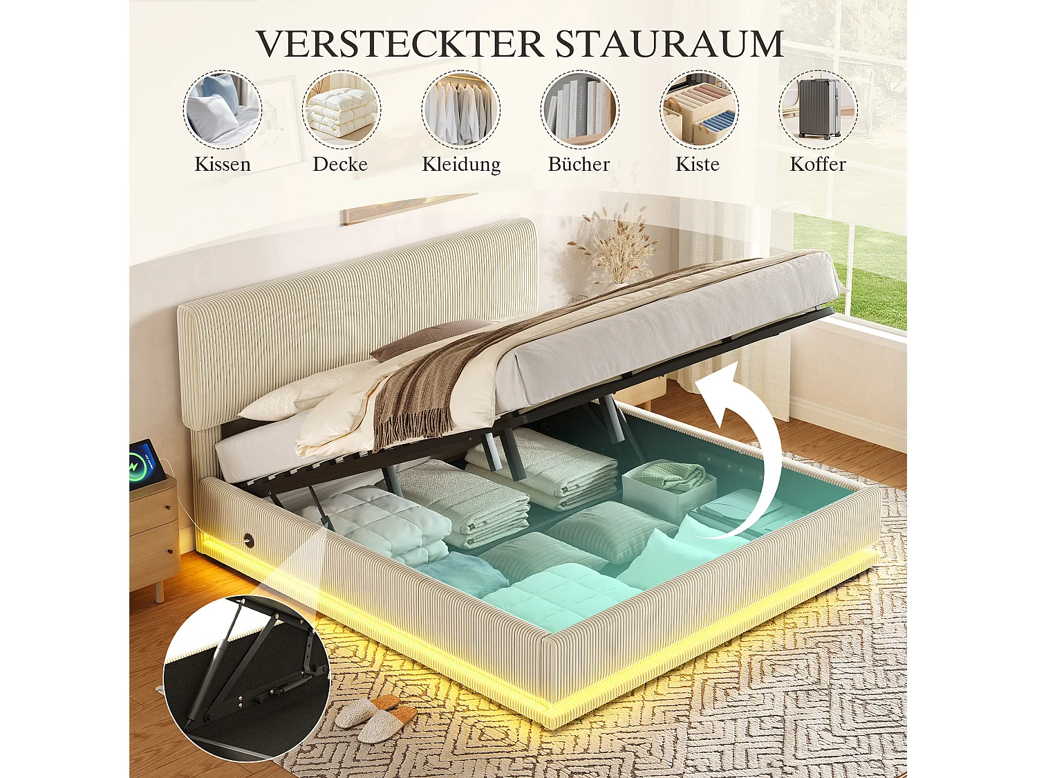 Łóżko tapicerowane hydrauliczne ze schowkiem - 180 x 200 cm - z diodami LED + USB + regulowany zagłówek - welur - beż