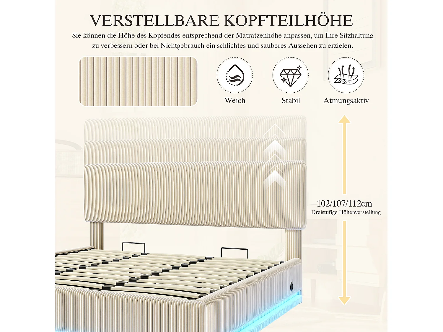 Łóżko tapicerowane hydrauliczne ze schowkiem - 180 x 200 cm - z diodami LED + USB + regulowany zagłówek - welur - beż