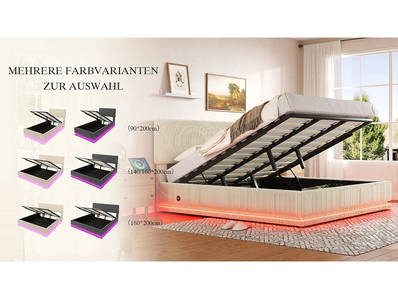 Łóżko tapicerowane hydrauliczne ze schowkiem - 180 x 200 cm - z diodami LED + USB + regulowany zagłówek - welur - beż