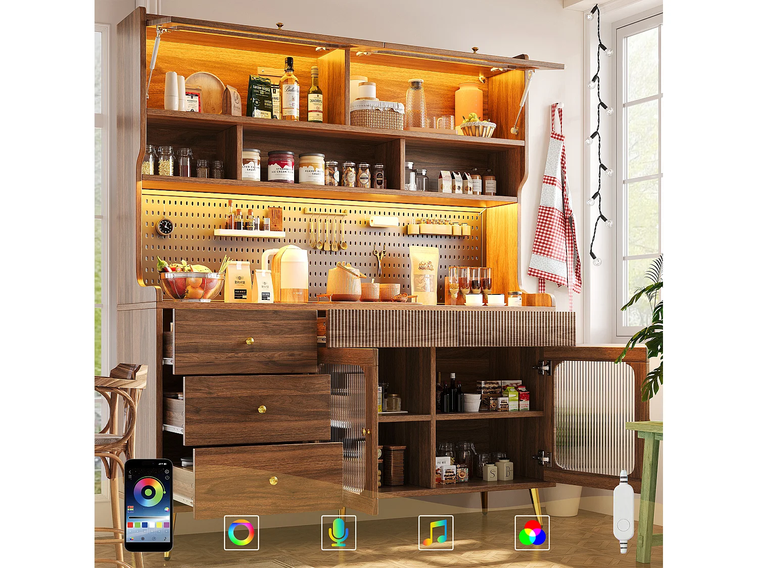 Nowoczesna komoda kuchenna - 145 x 39 x 171 cm - z diodami LED + 5 szuflad + drzwi + półka i perforowana ścianka - MDF + szkło - biała