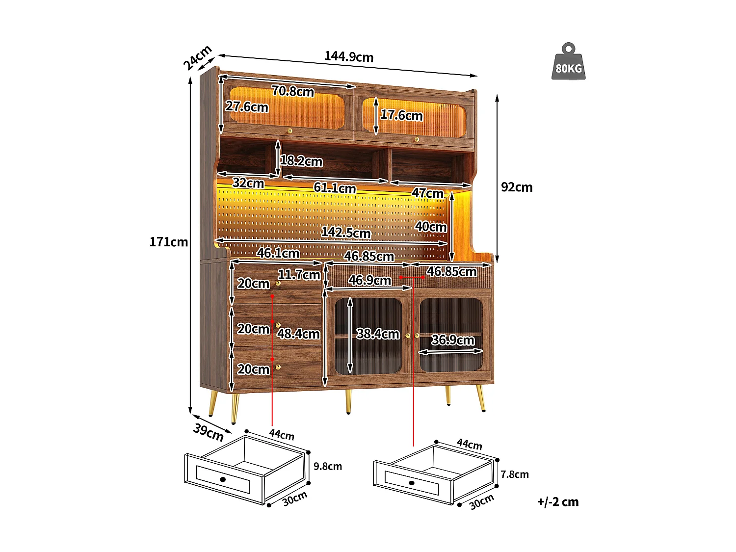 Nowoczesna komoda kuchenna - 145 x 39 x 171 cm - z diodami LED + 5 szuflad + drzwi + półka i perforowana ścianka - MDF + szkło - biała