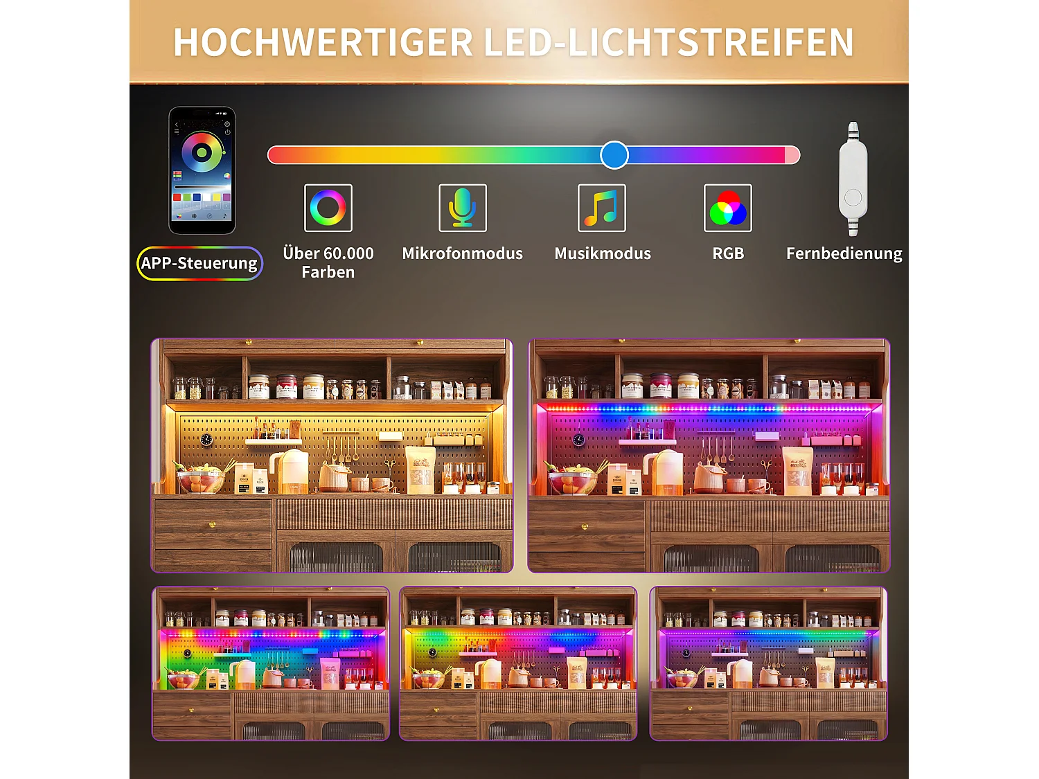 Nowoczesna komoda kuchenna - 145 x 39 x 171 cm - z diodami LED + 5 szuflad + drzwi + półka i perforowana ścianka - MDF + szkło - biała