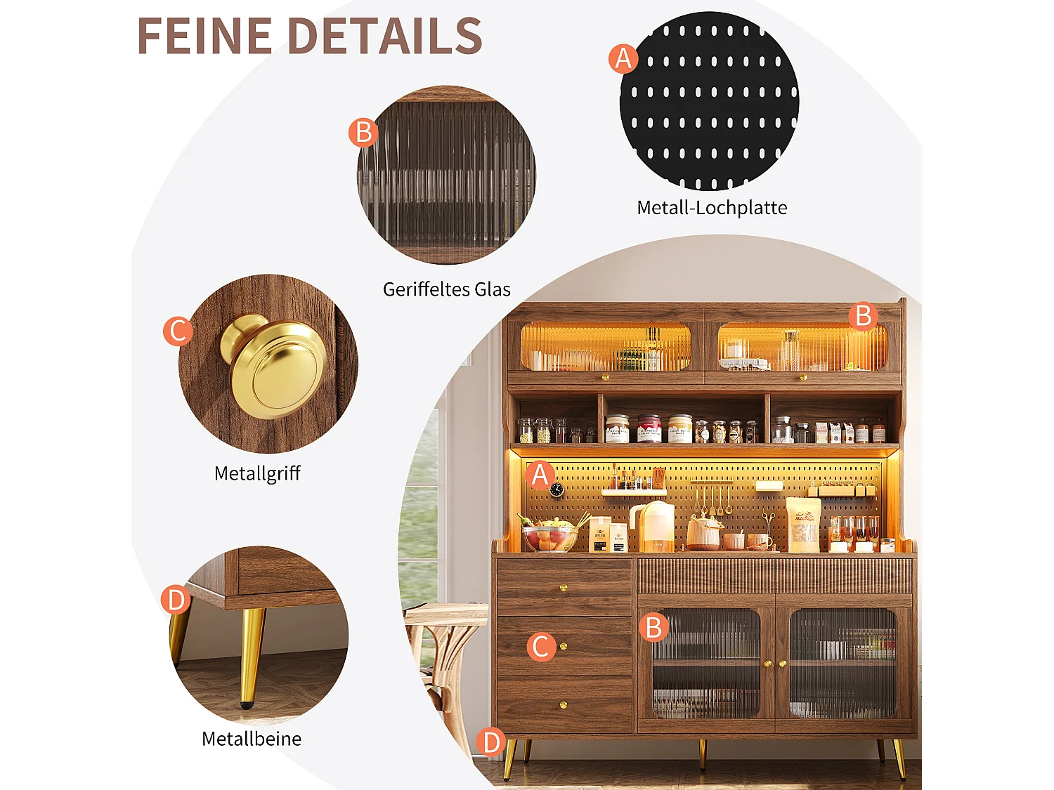 Nowoczesna komoda kuchenna - 145 x 39 x 171 cm - z diodami LED + 5 szuflad + drzwi + półka i perforowana ścianka - MDF + szkło - biała