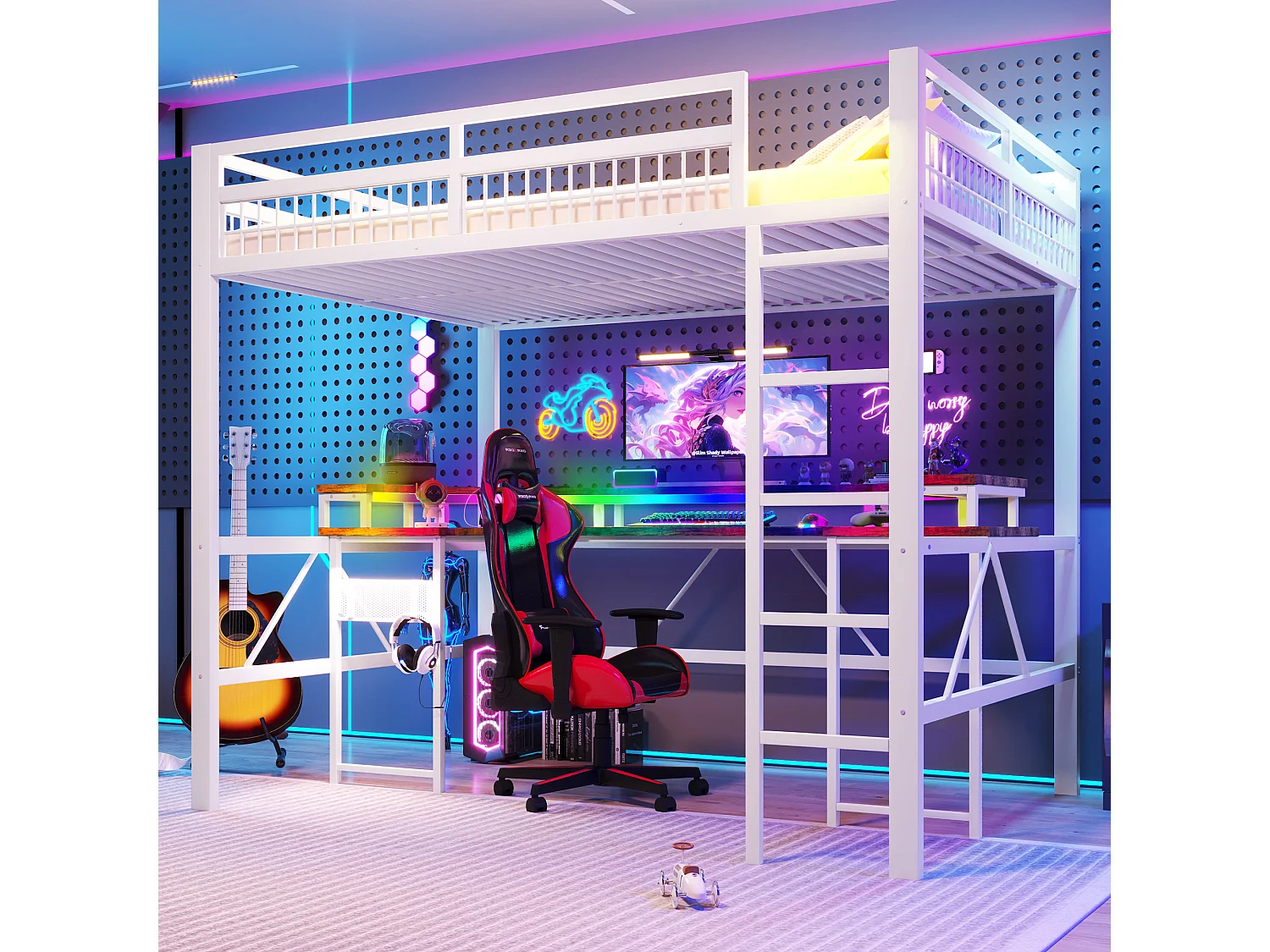 Lit mezzanine pour enfant - 140 x 200 cm - structure en fer - avec Leds + bureau + USB + prise - métal - blanc