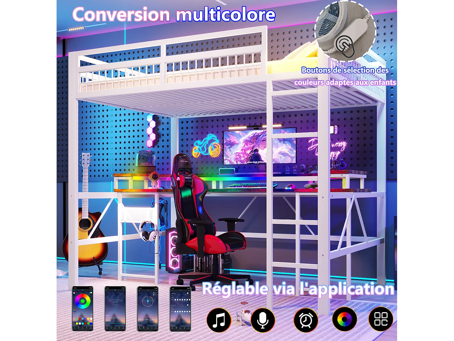 Lit mezzanine pour enfant - 140 x 200 cm - structure en fer - avec Leds + bureau + USB + prise - métal - blanc
