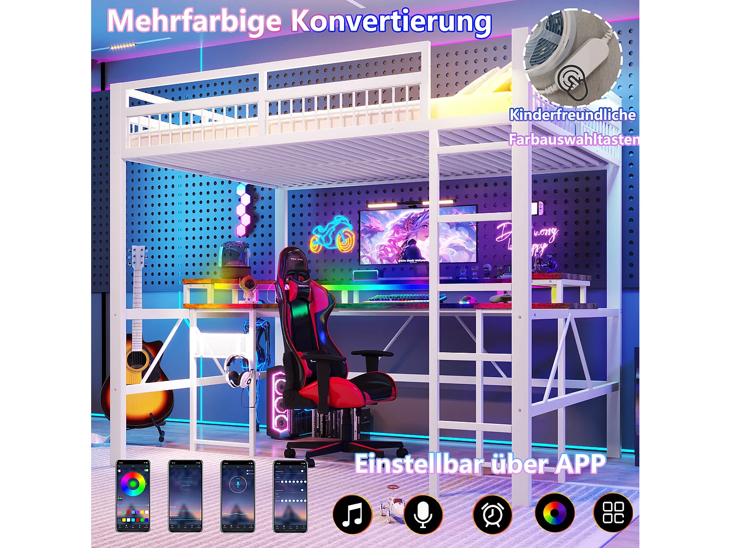 Lit mezzanine pour enfant - 140 x 200 cm - structure en fer - avec Leds + bureau + USB + prise - métal - blanc