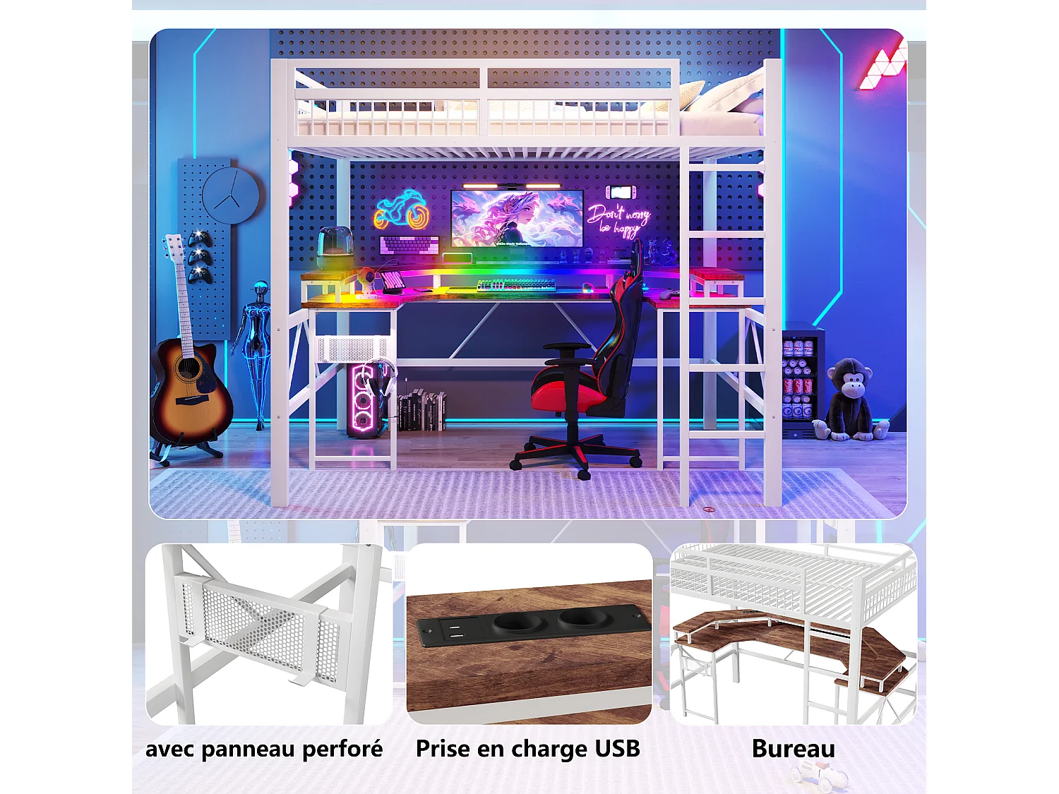 Lit mezzanine pour enfant - 140 x 200 cm - structure en fer - avec Leds + bureau + USB + prise - métal - blanc
