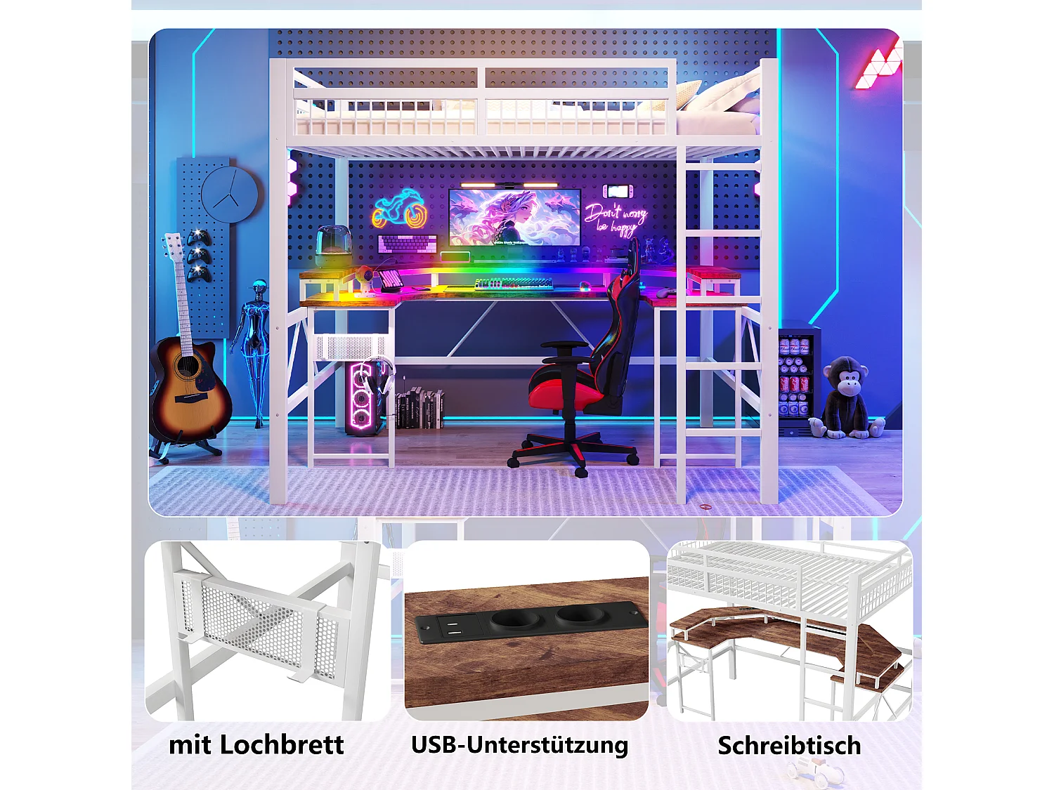 Lit mezzanine pour enfant - 140 x 200 cm - structure en fer - avec Leds + bureau + USB + prise - métal - blanc