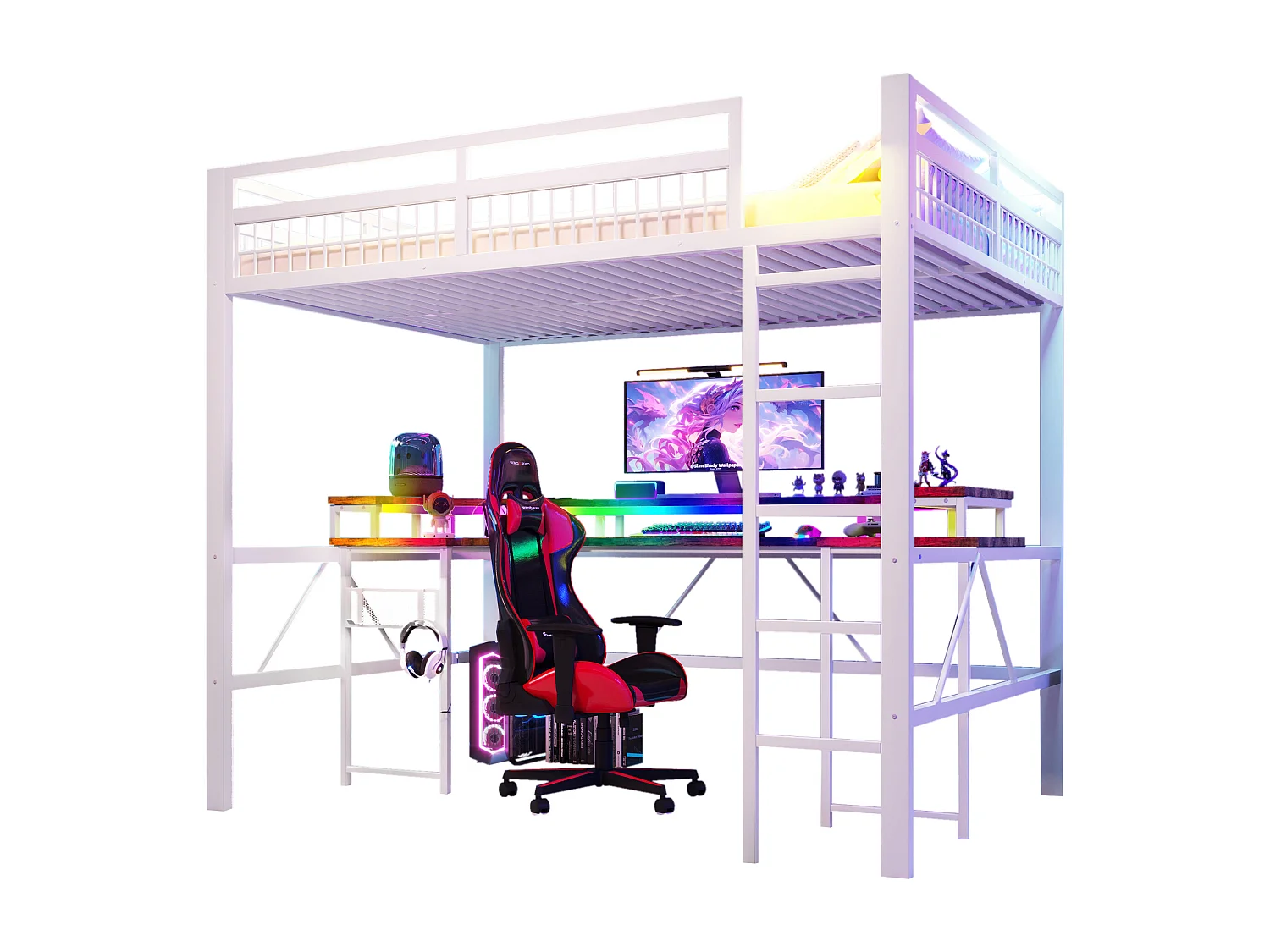 Lit mezzanine pour enfant - 140 x 200 cm - structure en fer - avec Leds + bureau + USB + prise - métal - blanc