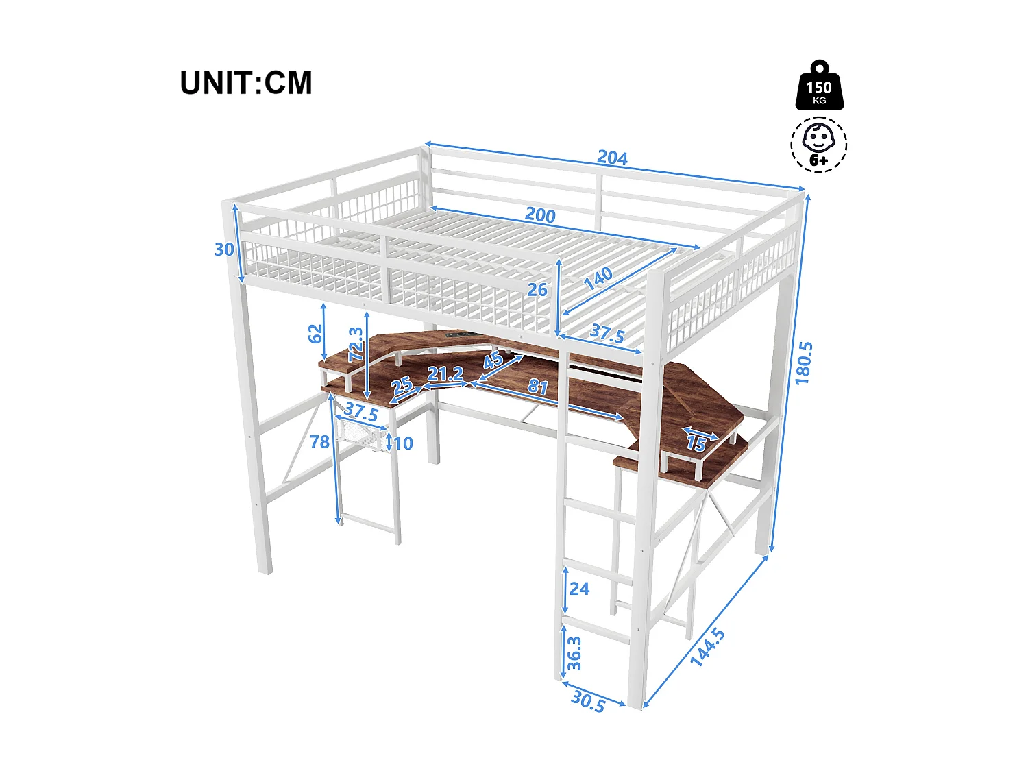 Lit mezzanine pour enfant - 140 x 200 cm - structure en fer - avec Leds + bureau + USB + prise - métal - blanc