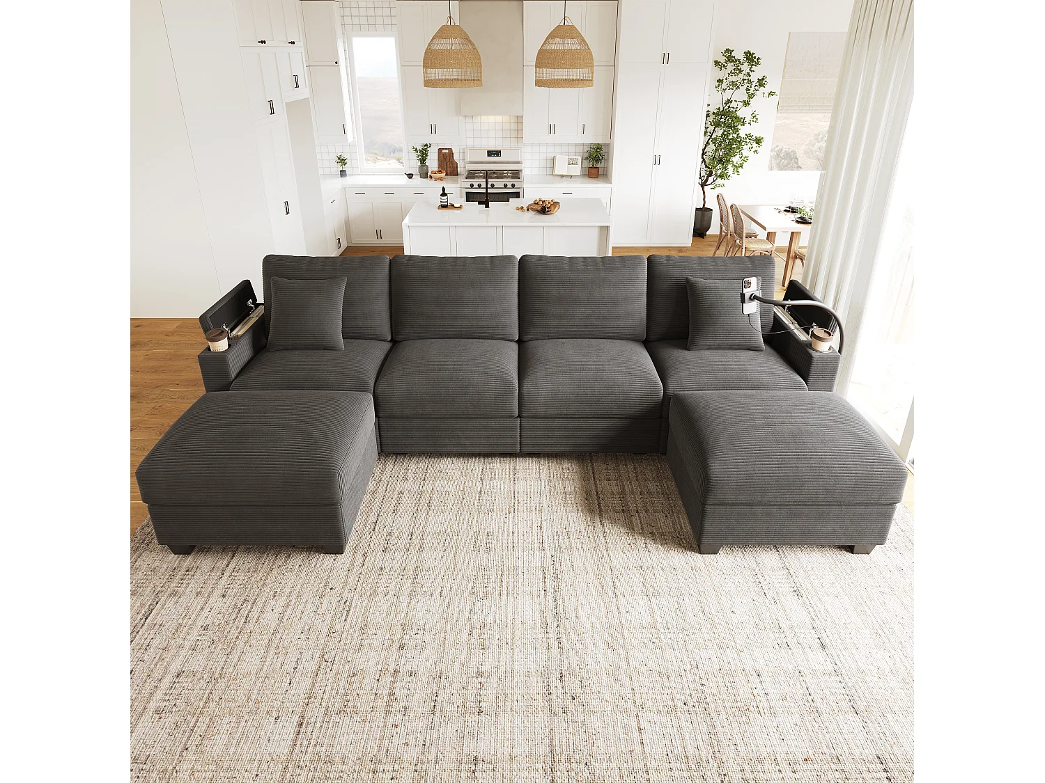 Zestaw wypoczynkowy w kształcie litery U, 4-osobowy - 275,5 x 139 x 87 cm - z podnóżkiem + portem USB + schowkiem - aksamitny - szary