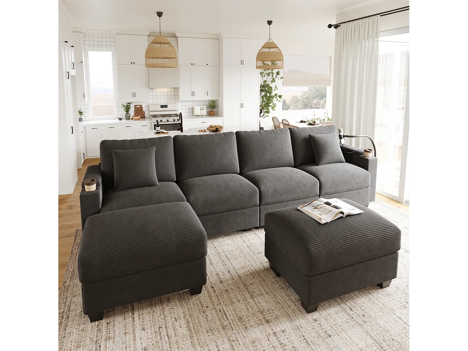 Zestaw wypoczynkowy w kształcie litery U, 4-osobowy - 275,5 x 139 x 87 cm - z podnóżkiem + portem USB + schowkiem - aksamitny - szary