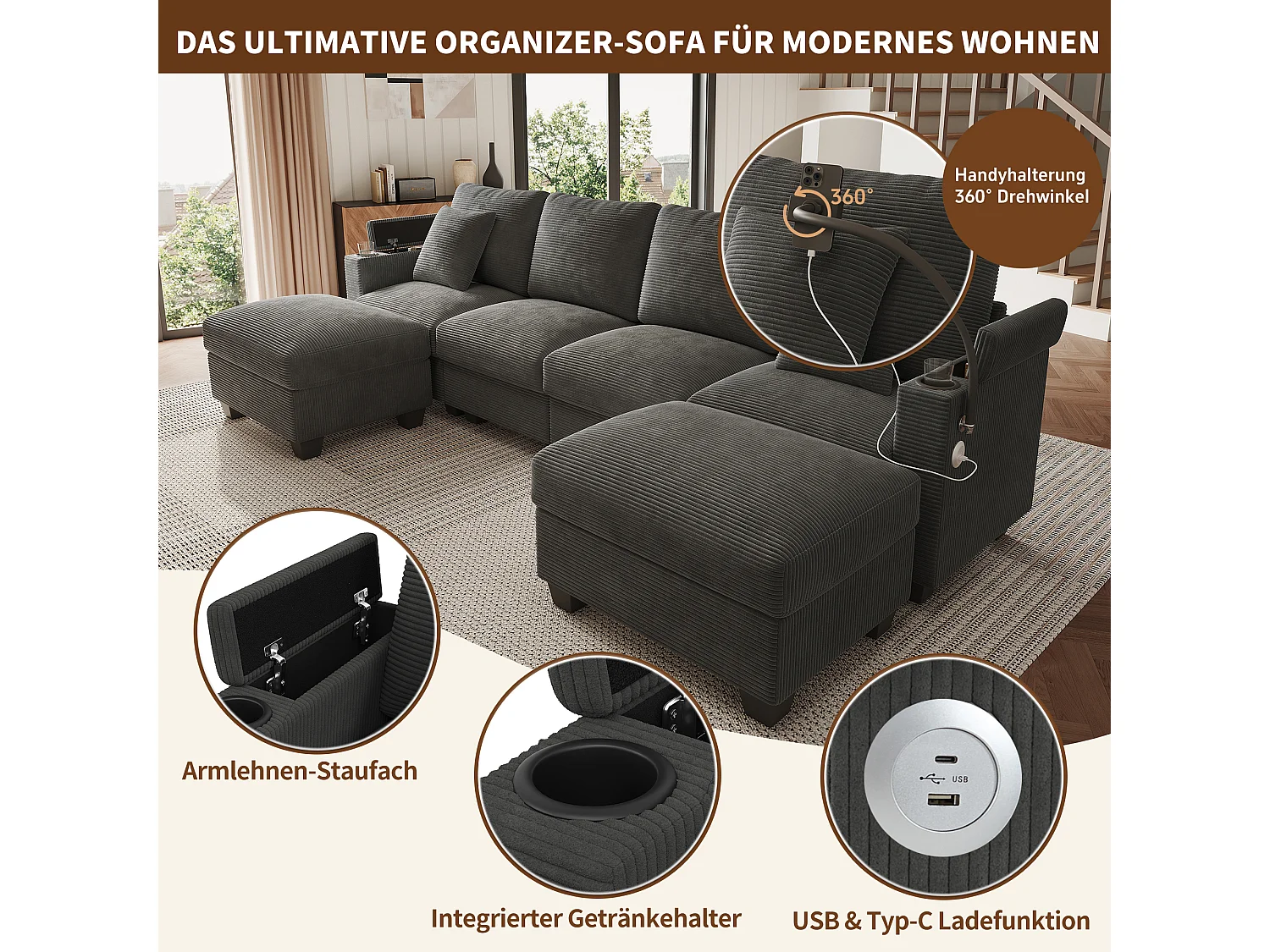 Zestaw wypoczynkowy w kształcie litery U, 4-osobowy - 275,5 x 139 x 87 cm - z podnóżkiem + portem USB + schowkiem - aksamitny - szary