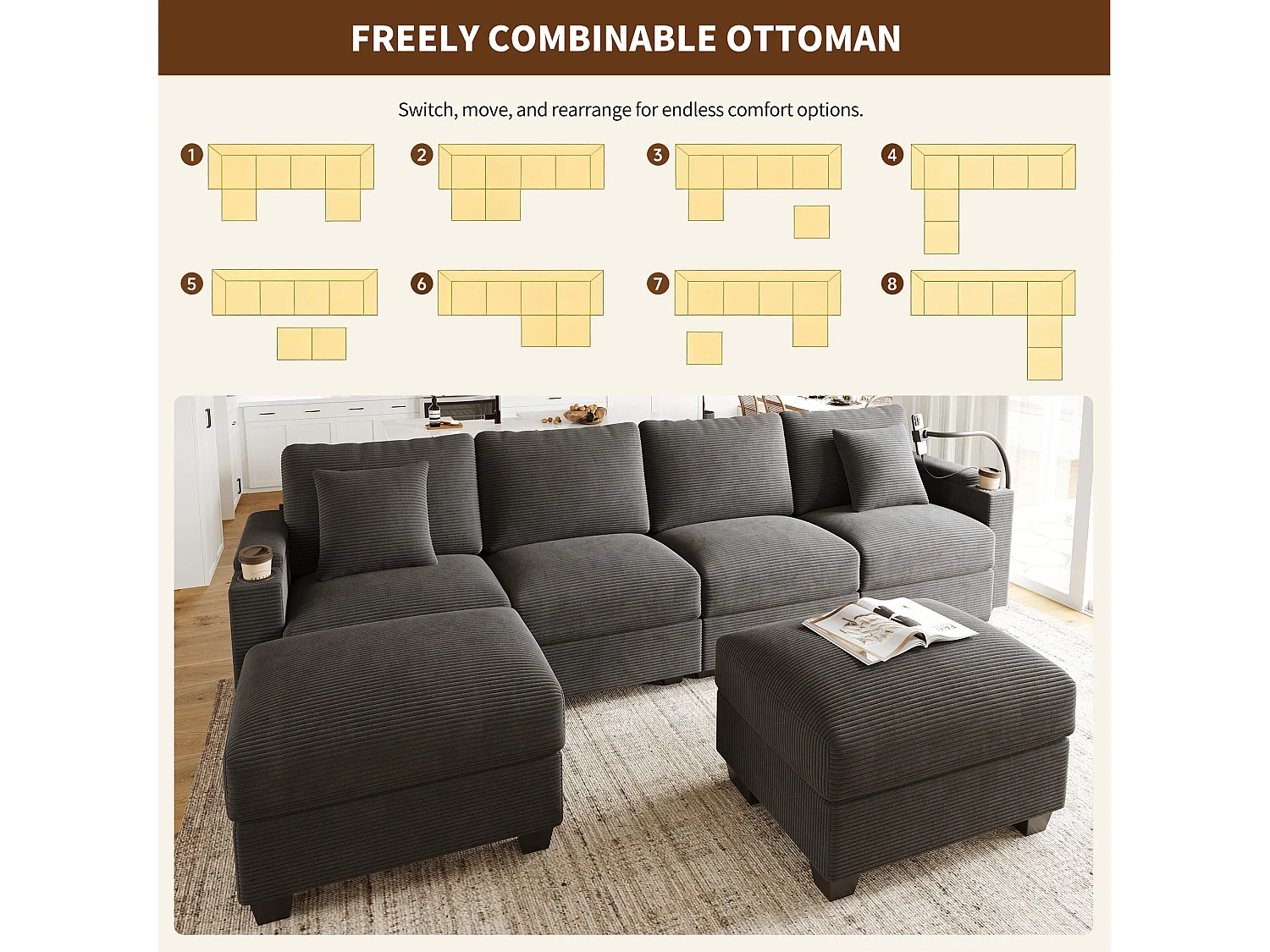 Zestaw wypoczynkowy w kształcie litery U, 4-osobowy - 275,5 x 139 x 87 cm - z podnóżkiem + portem USB + schowkiem - aksamitny - szary