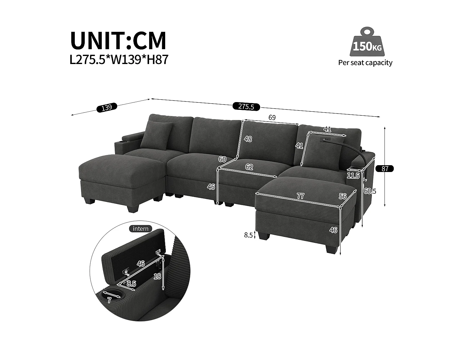 Zestaw wypoczynkowy w kształcie litery U, 4-osobowy - 275,5 x 139 x 87 cm - z podnóżkiem + portem USB + schowkiem - aksamitny - szary
