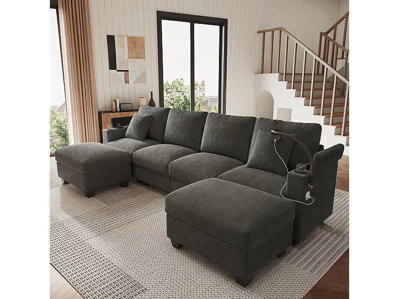 Zestaw wypoczynkowy w kształcie litery U, 4-osobowy - 275,5 x 139 x 87 cm - z podnóżkiem + portem USB + schowkiem - aksamitny - szary