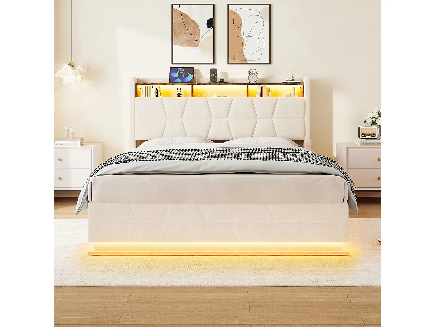Hydraulisch opbergbed - 140 x 200 cm - met LED-verlichting + zijvakken + USB/Type-C + hoofdbord met opbergruimte - fluweel - beige