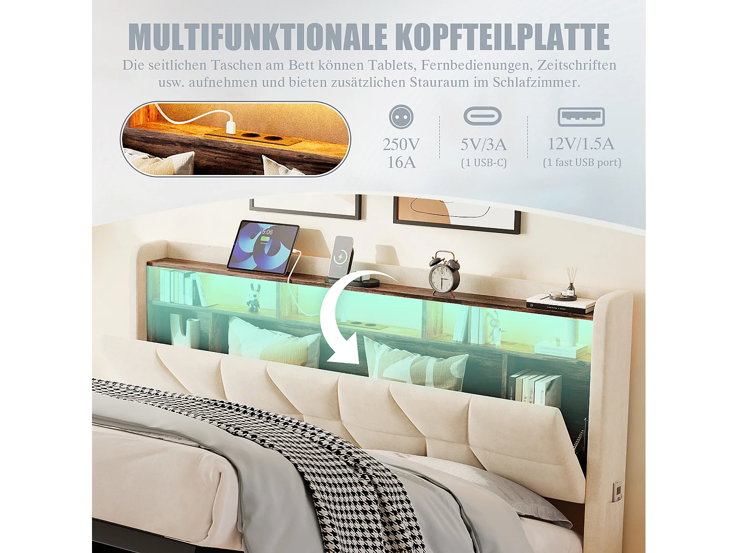 Hydraulisch opbergbed - 140 x 200 cm - met LED-verlichting + zijvakken + USB/Type-C + hoofdbord met opbergruimte - fluweel - beige