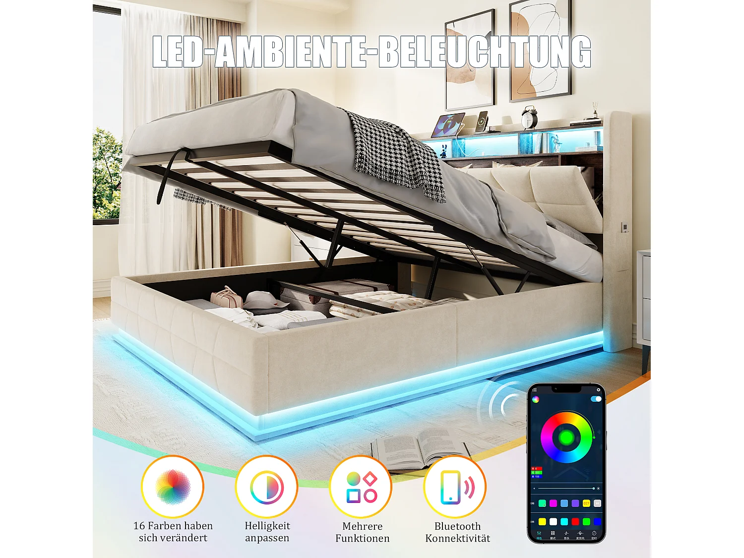 Hydraulisch opbergbed - 140 x 200 cm - met LED-verlichting + zijvakken + USB/Type-C + hoofdbord met opbergruimte - fluweel - beige