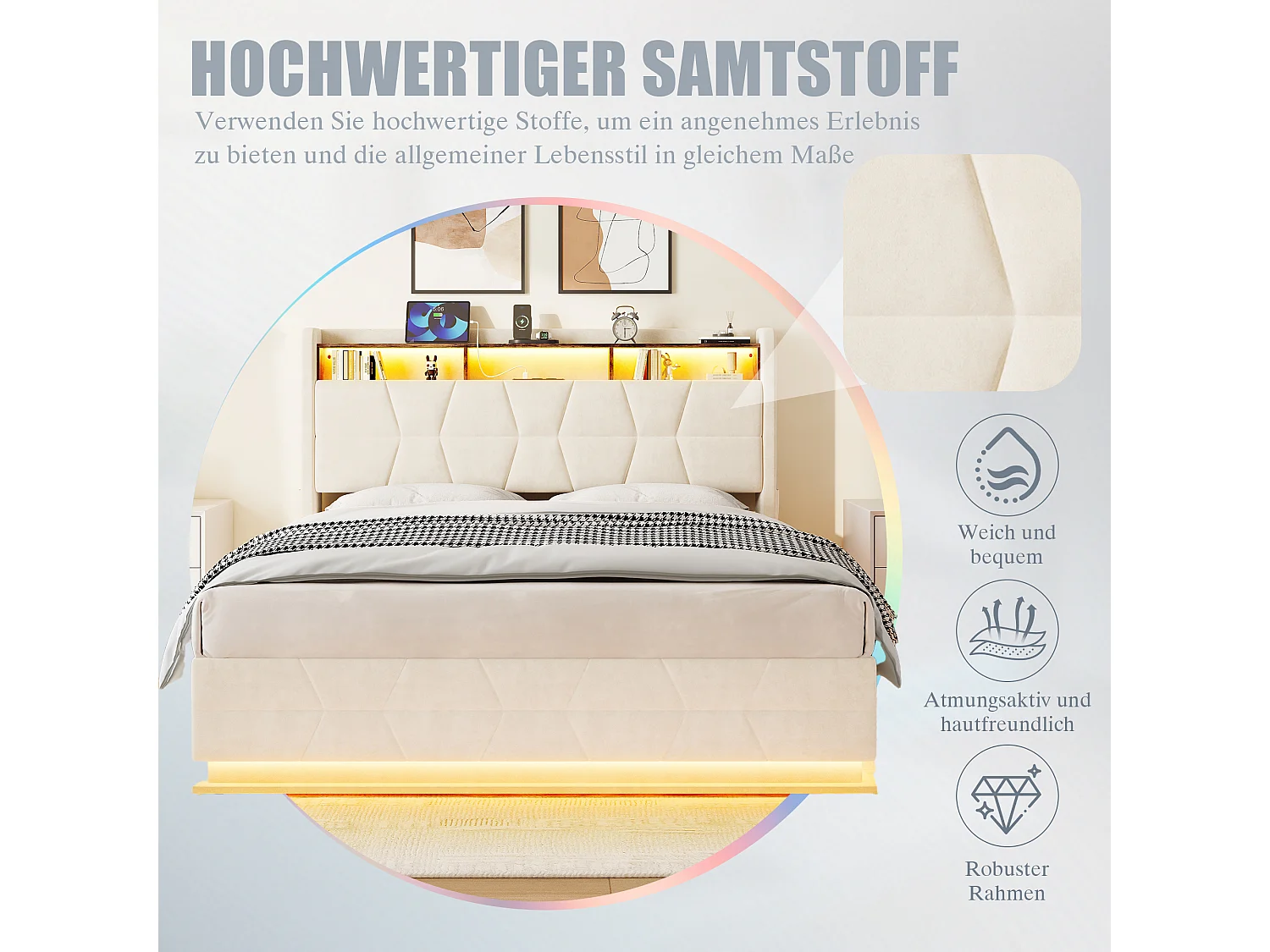 Hydraulisch opbergbed - 140 x 200 cm - met LED-verlichting + zijvakken + USB/Type-C + hoofdbord met opbergruimte - fluweel - beige