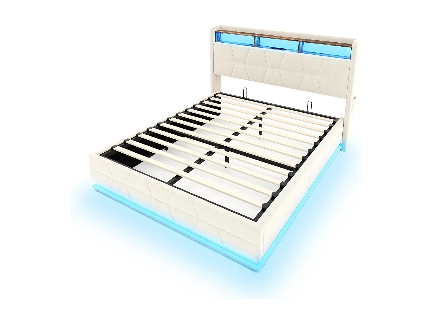 Hydraulisch opbergbed - 140 x 200 cm - met LED-verlichting + zijvakken + USB/Type-C + hoofdbord met opbergruimte - fluweel - beige